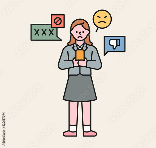 A girl is receiving bad comments on her phone. A victim student being bullied. flat design style minimal vector illustration.