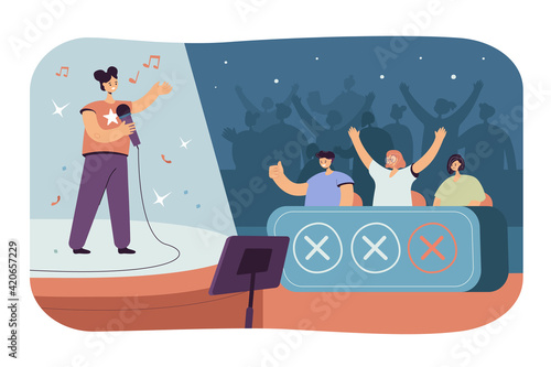 Happy woman singing at TV talent show in front of jury celebrities isolated flat vector illustration. Cartoon performer standing on lighted stage. Television contest and competition concept