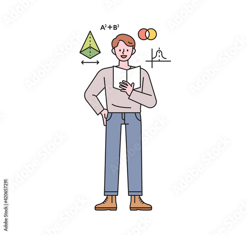 A teacher is explaining mathematics with a textbook in his hand. flat design style minimal vector illustration.