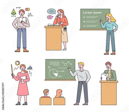 A collection of teacher characters who teach in various ways. flat design style minimal vector illustration.