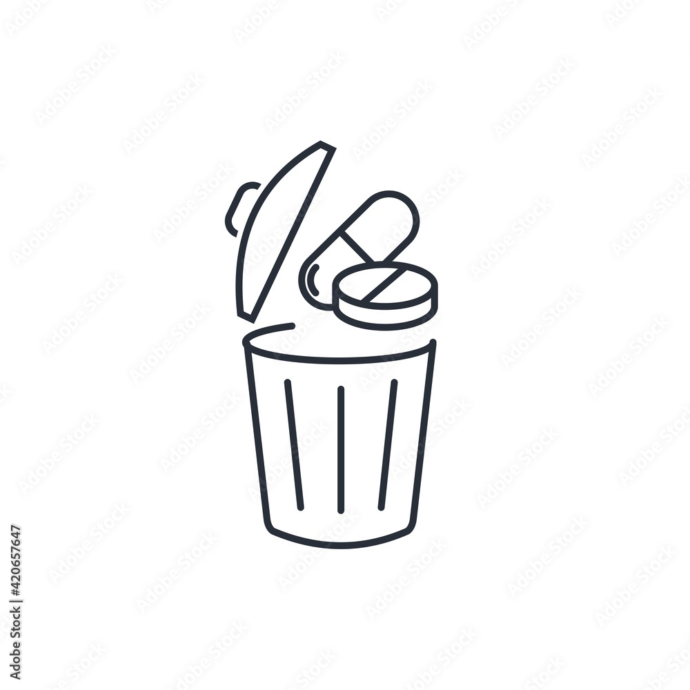 Medical pills in the trash can. Incorrect medical prescription. Treatment of a false diagnosis. Vector linear icon illustration isolated on white background. Medical pills in the trash can. Incorrect medical prescription. Treatment of a false diagnosis. Vector linear icon illustration isolated on white background.