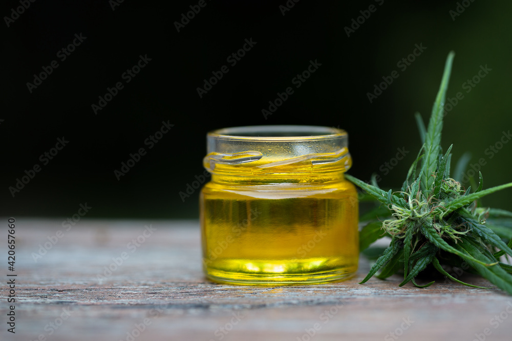 Hemp oil in a glass jar, CBD cannabis oil.Alternative herbs for medicine. copy space. Hemp oil in a glass jar, CBD cannabis oil.Alternative herbs for medicine. copy space.