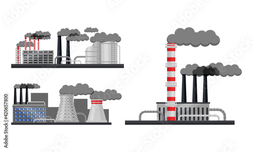 Industrial Plants and Factory Buildings with Pipelines Emitting Smoke Vector Set