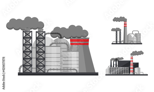 Industrial Plants and Factory Buildings with Pipelines Emitting Smoke Vector Set