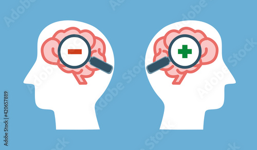 Mental health concept vector illustration. Positive thinking and negative thinking. Hand holding magnifying glass on brain in flat design.