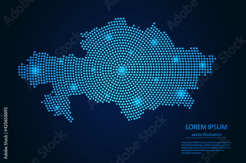 Abstract image Kazakhstan map from point blue and glowing stars on a dark background. vector illustration. photo