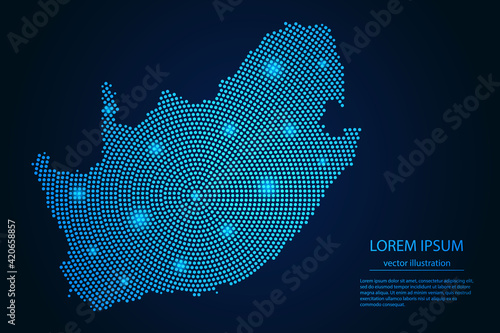 Abstract image South Africa map from point blue and glowing stars on a dark background. vector illustration.