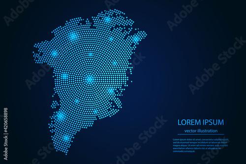 Abstract image Greenland map from point blue and glowing stars on a dark background. vector illustration.
