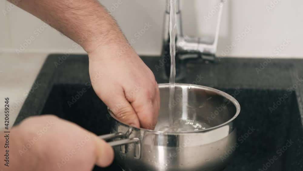 Cleaning after cooking. Washing dishes in the sink at home or restaurant kitchen. Cleaning after cooking. Washing dishes in the sink at home or restaurant kitchen.