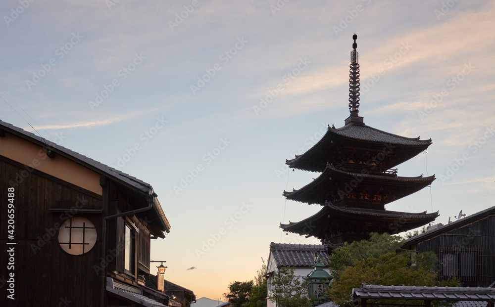 Kyoto, Japan, Yasaka-No-Tou Buddhist Pagoda Temple At Sunset Kyoto, Japan, Yasaka-No-Tou Buddhist Pagoda Temple At Sunset