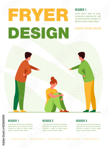 Men bullying depressed woman. Shaming victim, abuser, aggression. Flat vector illustration. Social problem, pressure, violence concept for banner, website design or landing web page