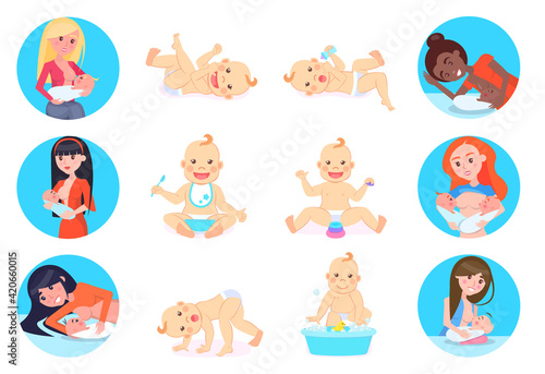 Woman breastfeeding her newborn baby in various positions. Nursing mothers information poster