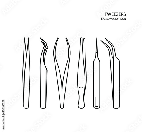 Tweezers thin line icon set. Eps 10 vector illustration of pinchin tools, tongs.