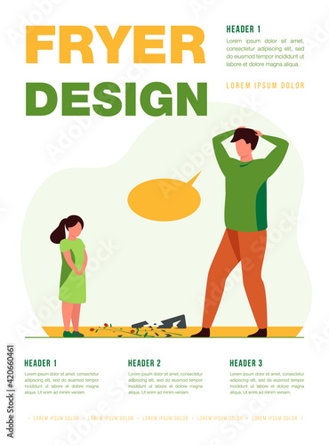 Dad scolding daughter for broken vase. Naughty kid, active child, angry parent. Flat vector illustration. Parenthood, family, childhood concept for banner, website design or landing web page