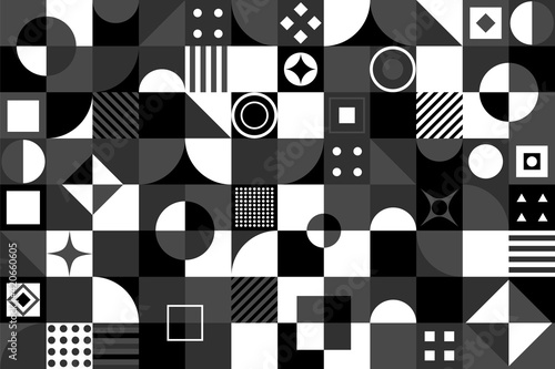 Neo geometric pattern with circles, triangles,squares and lines. Black and white vector abstract background.