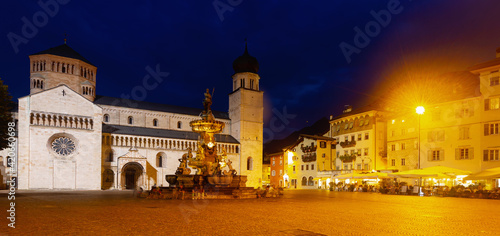 Panoramic view of central city square Piazza Duomo at autumn twilight, Trento, Italy.