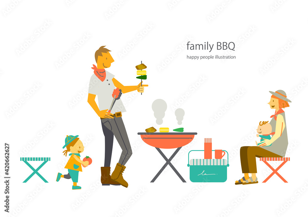 バーベキューを楽しむ4人家族のカラフルでおしゃれなイラスト素材 Stock Illustration Adobe Stock