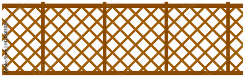 High wooden or metal wicker fence with ornament. Site fencing isolated on white background