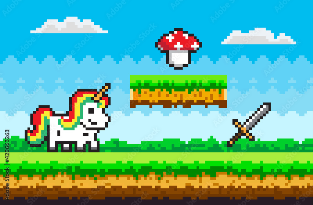 Fototapeta premium Color pixel game with white unicorn fairy tale personage stands on pixelated meadow against blue sky