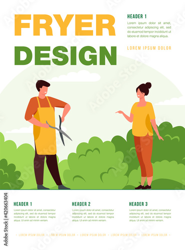 Customer explaining task to gardener. Worker in apron cutting bush with pruner. Flat vector illustration. Job, gardening work, service concept for banner, website design or landing web page