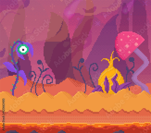 Space flowers with large petals, leaves and eyes. Orange pixelated alien street with unknown plants