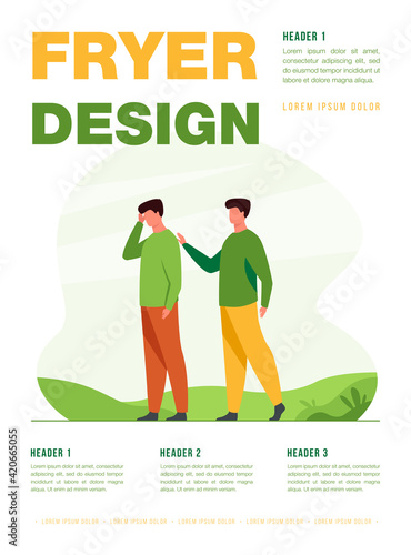 Man giving comfort to upset friend. Patting shoulder, support, friendship. Flat vector illustration. Empathy, help, compassion concept for banner, website design or landing web page