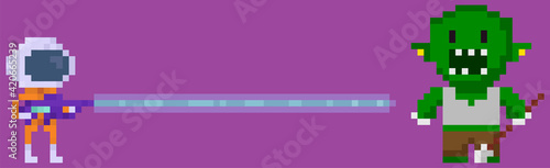 Man standing with blaster in his hands and shooting laser at zombie. Pixel characters during fight