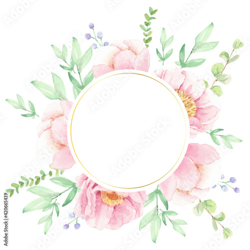 watercolor pink peony flower bouquet arrangement wreath with golden circle frame for logo or banner