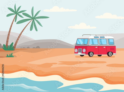 Minibus for staying and living on beach. Mobile home for tourism and traveling around world