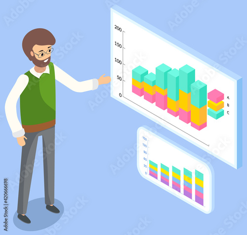 Man studies demand indicators on presentation board with charts and graphs, marketing concept