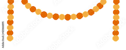 Elegant Yellow Indian Vector Marigold Flowers Garland. Gorgeous orange floral decoration with lush petals for hindu religious ceremony or wedding. Colorful flat isolated on white background.