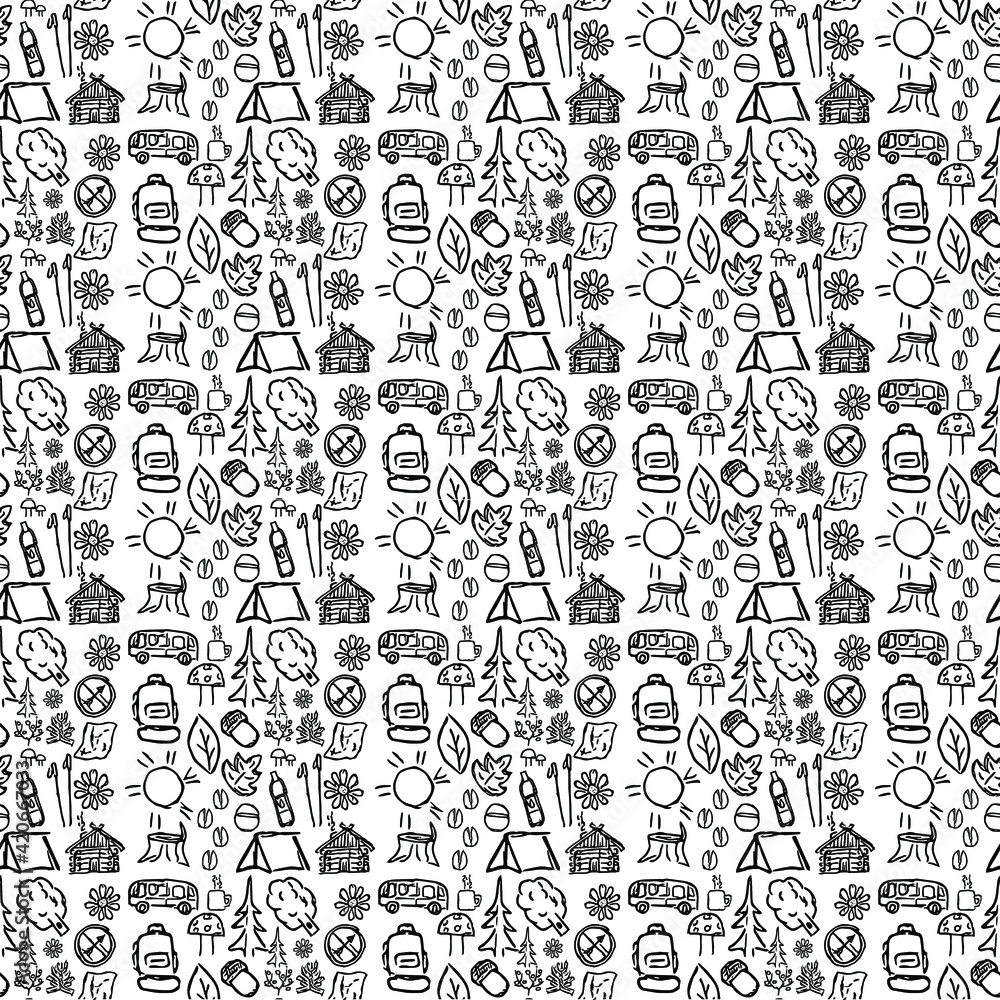 seamless pattern with icons on the theme of travel and hiking. Doodle vector with travel and hiking icons on white background.Vintage travel icons