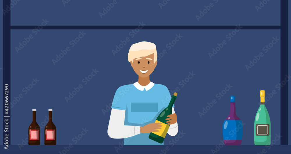 Guy opens bottle of champagne for guests. Bartender making alcohol drink. Man is working in bar Guy opens bottle of champagne for guests. Bartender making alcohol drink. Man is working in bar