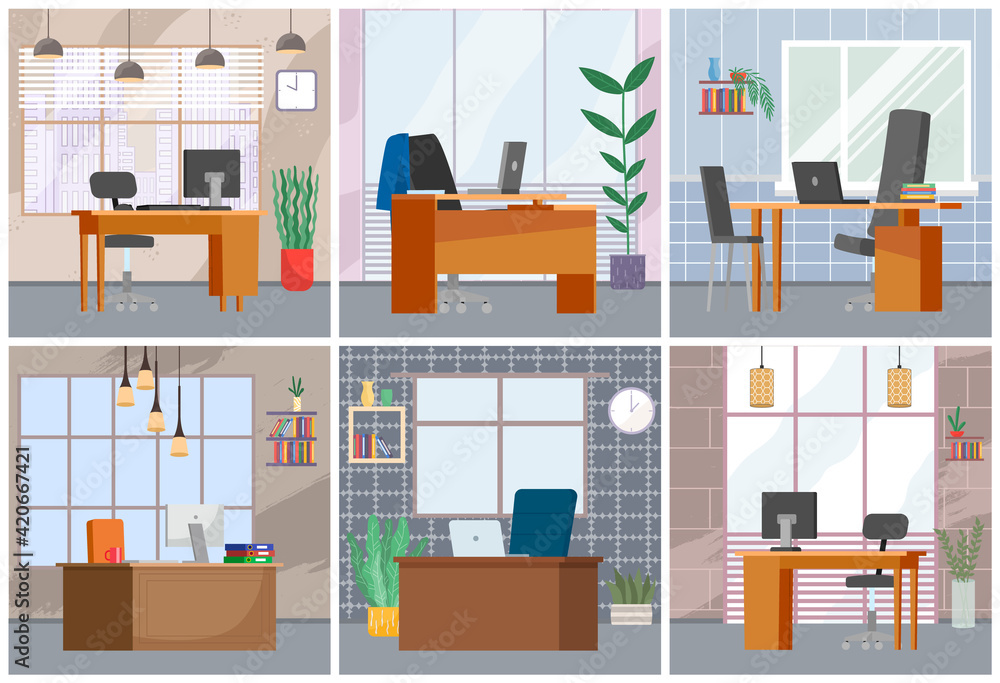 Set of illustrations on the theme of interior layout of the workplace ...