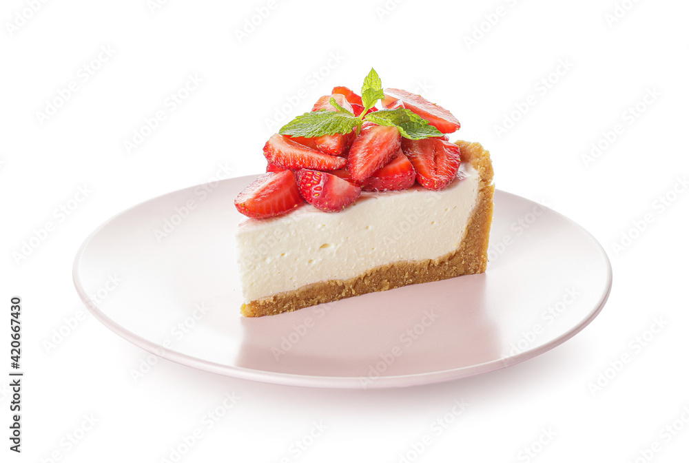 Tasty cheesecake with strawberry on white background Tasty cheesecake with strawberry on white background