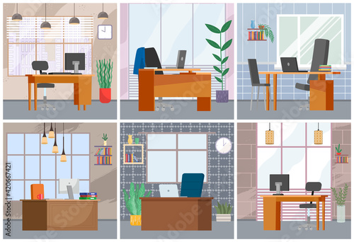 Set of illustrations on the theme of interior layout of the workplace. Design of the office