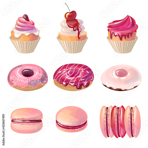 Set with different pink sweets, muffins, donats and macaroons isolated on white background. Illustration can be used for restaurant and cafe menu.