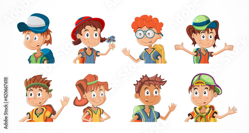 Bundle of cartoon children portraits. Collection of kids avatars with different hairstyle and skin colors. Child expression faces little boys and girls vector illustration