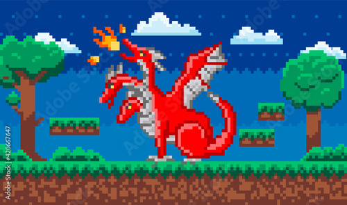 Pixelated red dinosaur with wings breathes fire in nature landscape at night. Art app pixel-game