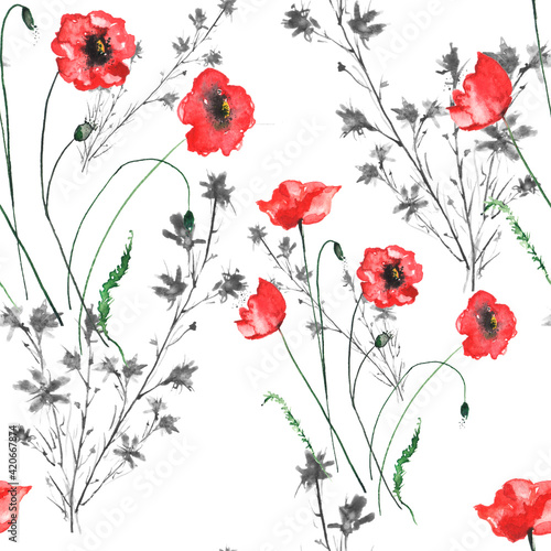 Watercolor vintage pattern. Seamless background with a pattern - flower cornflower  Red poppy  cloves. Beautiful splash of paint  art background for fabric  paper  textiles