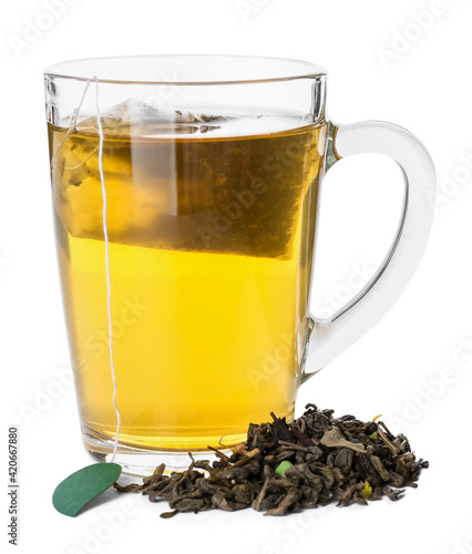 Cup of aromatic green tea on white background