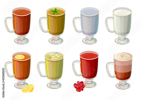 Set with different sorts of tee, milk and water in glass. Illustration on white background.