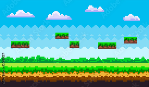 Pixel art game background, scene with green grass and ground platforms against blue sky with clouds