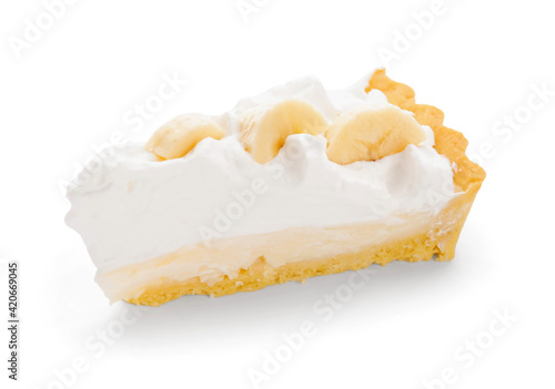 Piece of tasty banana pie on white background