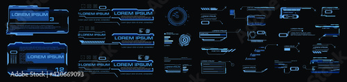 HUD elements set. Virtual graphical user interface. Callouts, headers, frames, info roles, and data and description windows. Headings and information boxes