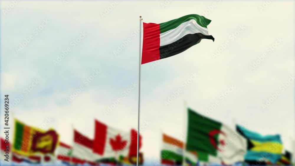 UAE Flag With Flags Of The World And Fireworks Moring And Night 3D Rendering UAE Flag With Flags Of The World And Fireworks Moring And Night 3D Rendering