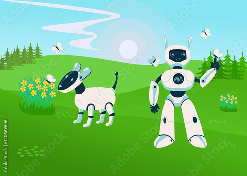 Robot walking mechanical dog on summer meadow with green grass. Cute digital cyborgs mascots in nature. Flat vector illustration. Futuristic robotic technology concept