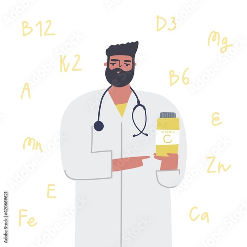 Male doctor keeps bottle with vitamins. Virus protection concept. Vector hand drawn illustration