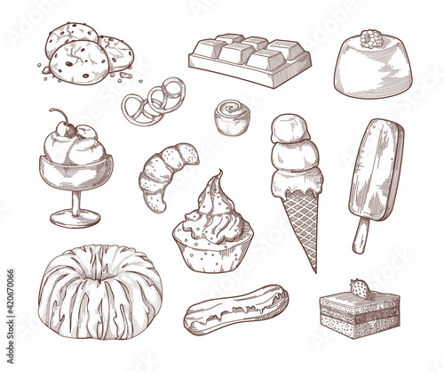Sweet desserts sugar food sketch set. Cake, ice-cream, chocolate bar, croissant, pudding, cupcake, eclair vector illustration. Hand drawn elements collection. Cafe pastry menu concept