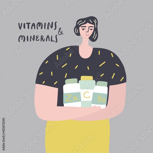 Woman keeps bottles with vitamins. Virus protection concept. Vector hand drawn illustration